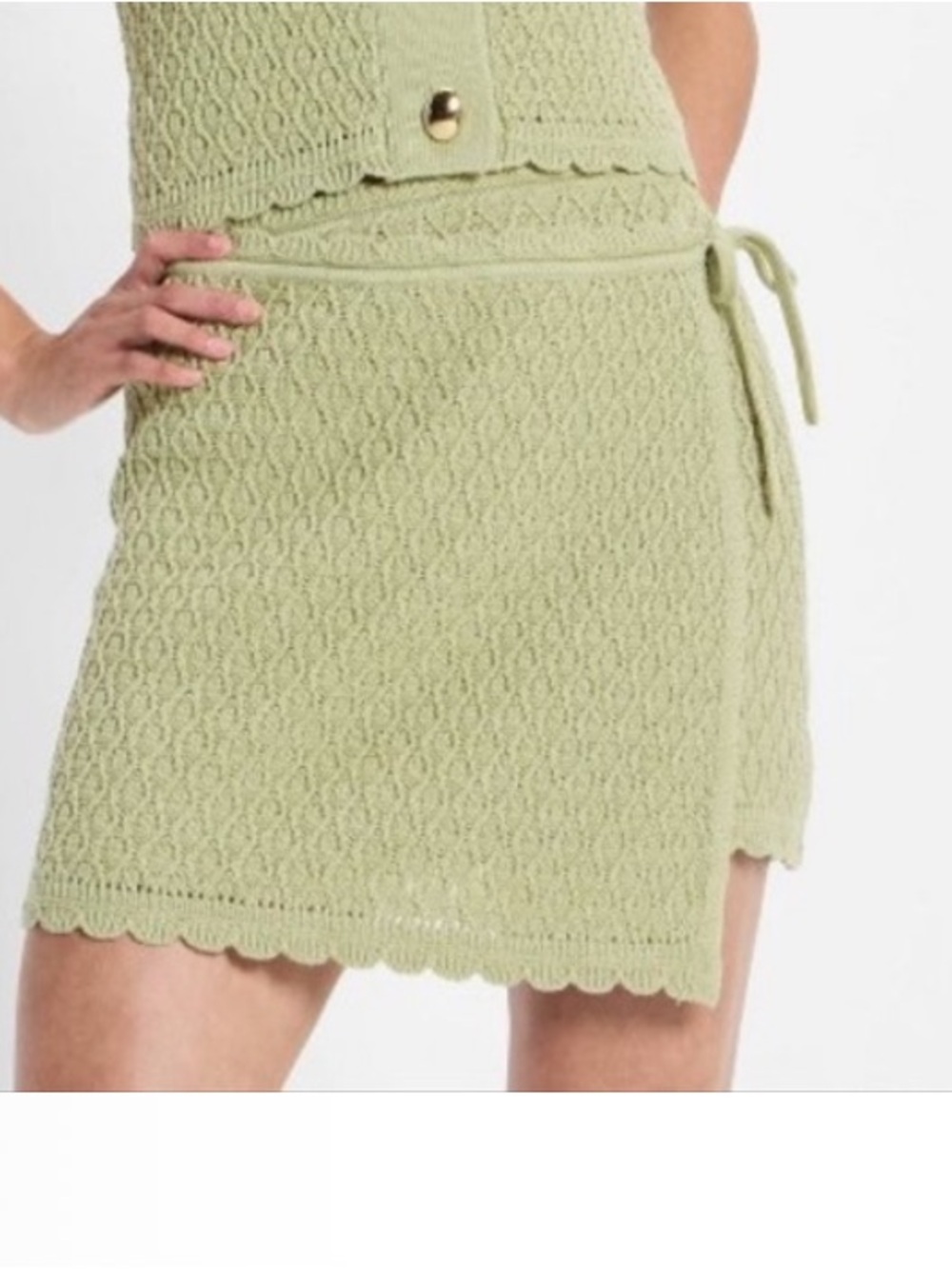 Future collective NWT L Sage green  Crochet wrap around tie side Mini Skirt